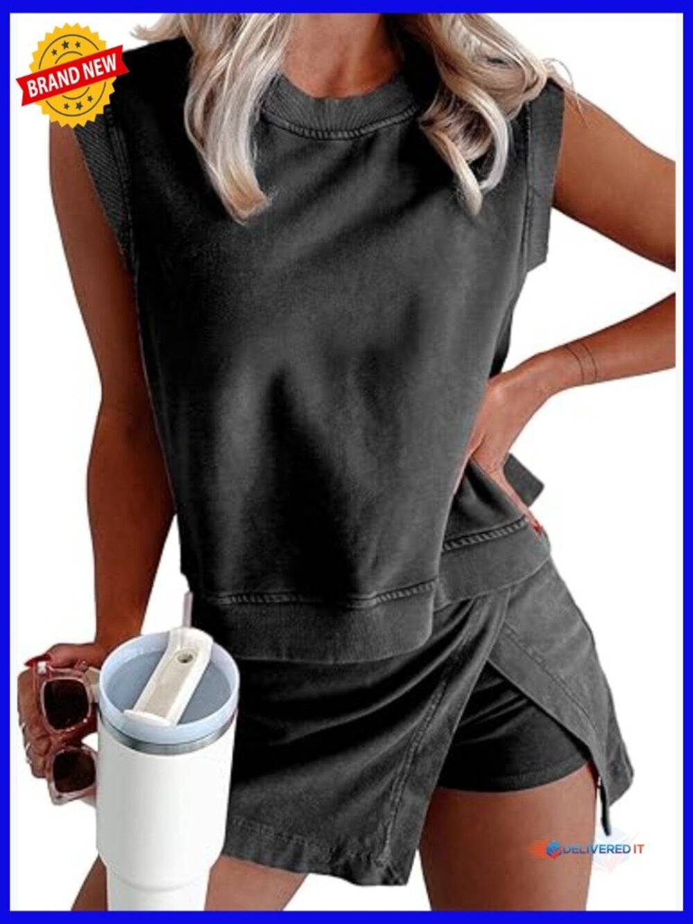 Mineral Wash Cotton Tank Top Lined Split Athletic Skirt Set